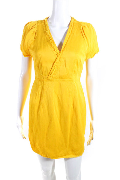 10 Crosby Derek Lam Womens Darted V-Neck Pleated Fringe Mini Dress Yellow Size 6