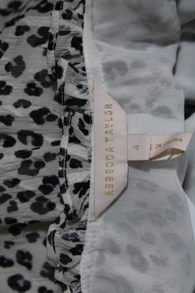 Rebecca Taylor Women's Silk Blend Animal Print Long Sleeve Blouse White Size 4