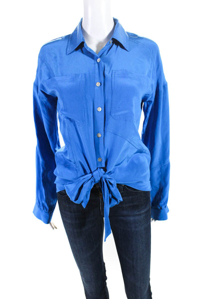 Madison Marcus Women's Silk Tie Front Button Down Shirt Blue Size S