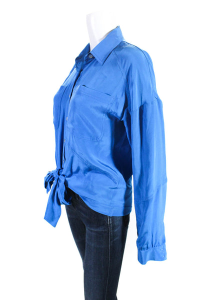 Madison Marcus Women's Silk Tie Front Button Down Shirt Blue Size S