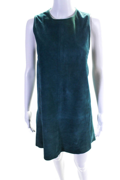 Balenciaga Womens Leather Back Zip Flared Hem Sleeveless Dress Teal Blue Size S
