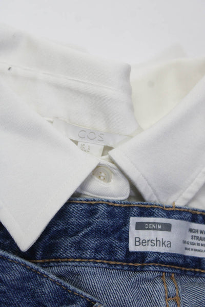 Cos Bershka Womens Solid Cotton Polo Shirt Jeans White Blue Size L/10 Lot 2