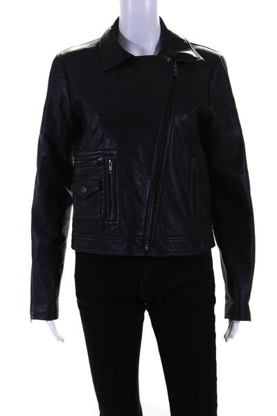 Theory Women's Leather Asymmetric Zip Moto Jacket Gray Size 8