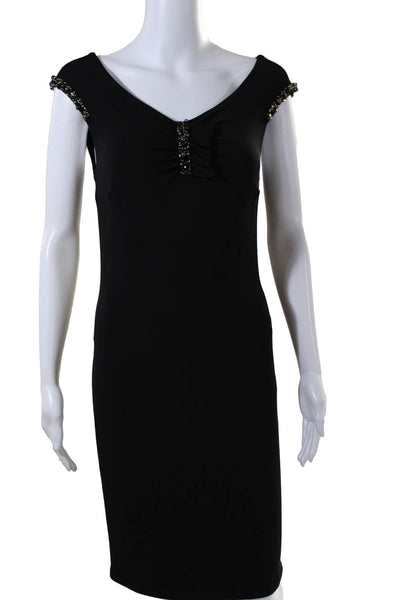 Blumarine Womens Jersey Beaded Ruched V-Neck Sheath Dress Black Size 36IT