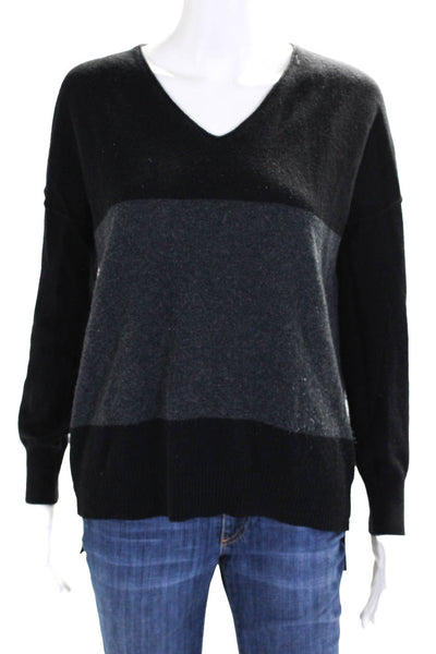 Kokun Women's V-Neck Long Sleeves Sweater Black Gray Striped Sweater Size XS