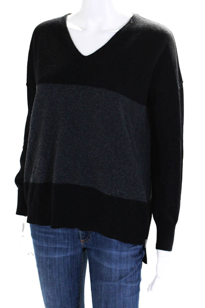 Kokun Women's V-Neck Long Sleeves Sweater Black Gray Striped Sweater Size XS
