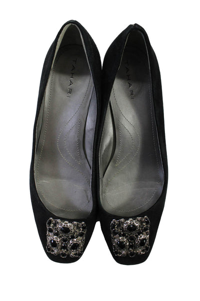 Tahari Women's Suede Embroidered Block Heels Black Size 7.5