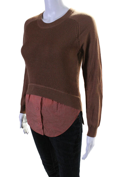 Carven Womens Scoop Neck Rib Knit Solid Merino Wool Sweater Brown Size Small