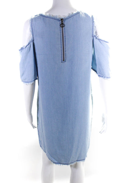 PPLA Womens Back Zip Cold Shoulder Fringe Short Chambray Dress Bluer Size Large
