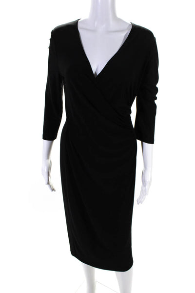Eva Nueva Womens Solid Deep V Quarter Sleeve Ruched Maxi Dress Black Size 6