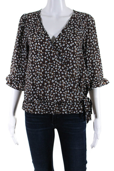 Sienna Sky Womens Crepe Floral V-Neck 3/4 Sleeve Blouse Top Blue Size S