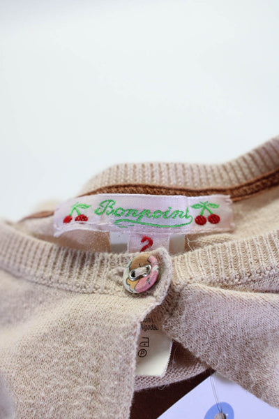 Bonpoint Girls Solid Cotton One Button Round Neck Cardigan Beige Size 2