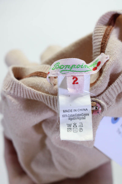 Bonpoint Girls Solid Cotton One Button Round Neck Cardigan Beige Size 2