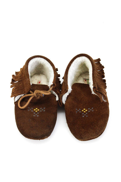 Bonpoint Unisex Baby Solid Suede Lined Fringe Moccasin Shoes Brown Size 20
