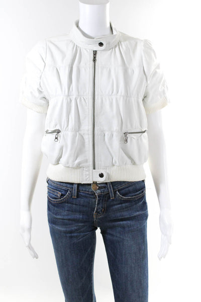 Stella & Jamie Womens Zipped Cropped Collared Short Sleeve Jacket White Size S