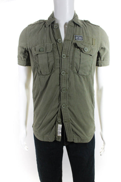 Super Dry Mens Solid Utility Front Pocket Short Sleeve Shirt Green Size Small