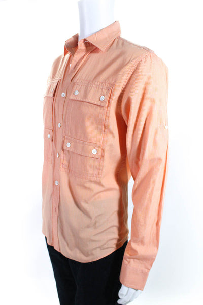 Michael Kors Mens Pin Stripe Four Pocket Chest Button Down Shirt Orange Size S