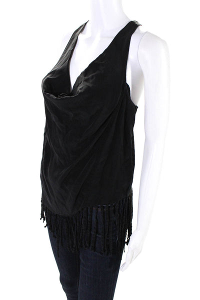 Madison Marcus Womens Draped Neckline Fringe Silk Top Blouse Black Size XS