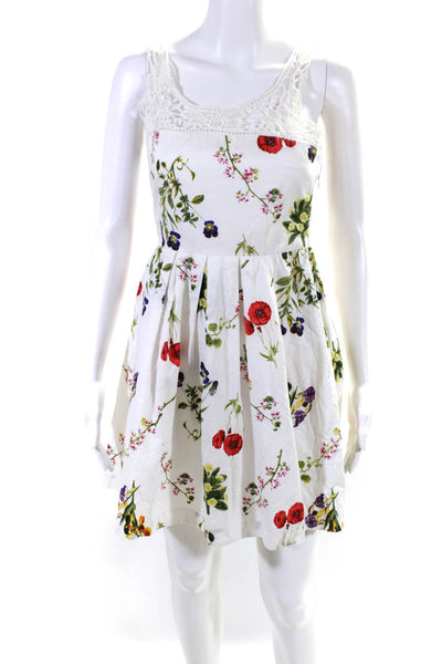 BB Dakota Womens Scoop Neck Lace Trim Floral Pleated Flare Dress White Size 0