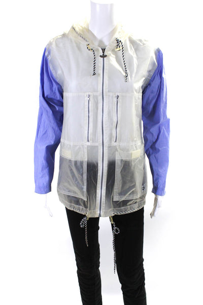 IXPSA Womens Hooded Zip Front Solid Rain Jacket Beige Blue Size Small