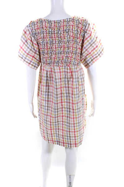 Claude Tulum Womens Smocked Gingham Short Sleeve Mini Dress Multi Size Small