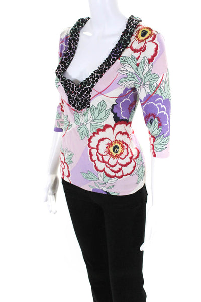 Elie Tahari Womens Floral Ruched Collar V Neck Blouse Multicolor Size XS