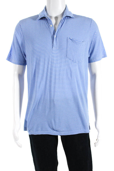 Reiss Mens Cotton Striped Print Short Sleeve Polo Shirt Blue White Size L