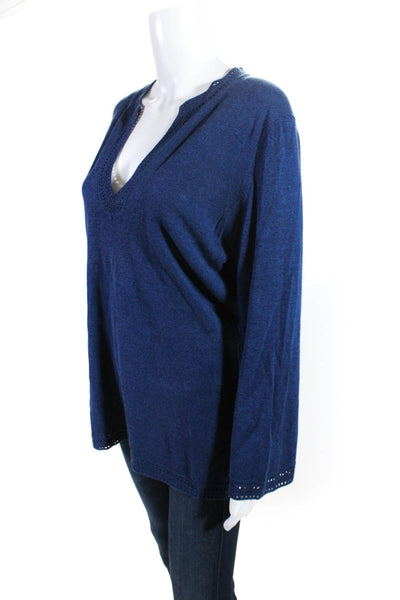Trina Turk Womens Crochet Trim Y Neck Sweater Blue Cotton Size Medium