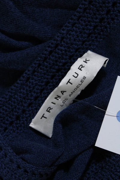 Trina Turk Womens Crochet Trim Y Neck Sweater Blue Cotton Size Medium