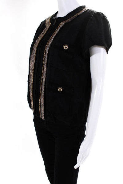 BCBGMAXAZRIA Womens Cotton Chain-Link Trim Short Sleeve Jacket Black Size M
