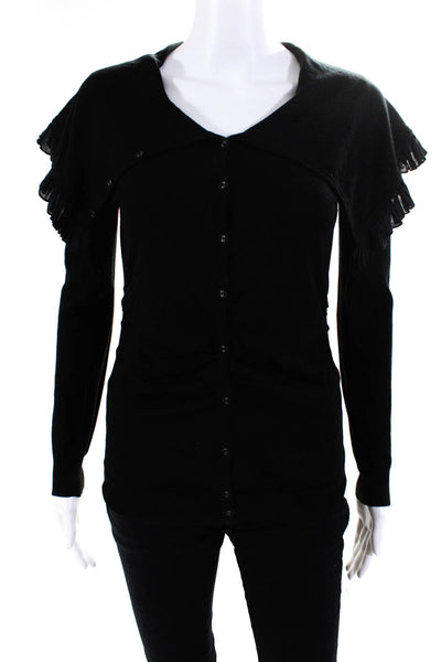 Magaschoni Womens Cotton Ruffled Collar Button Up Sweater Top Black Size S