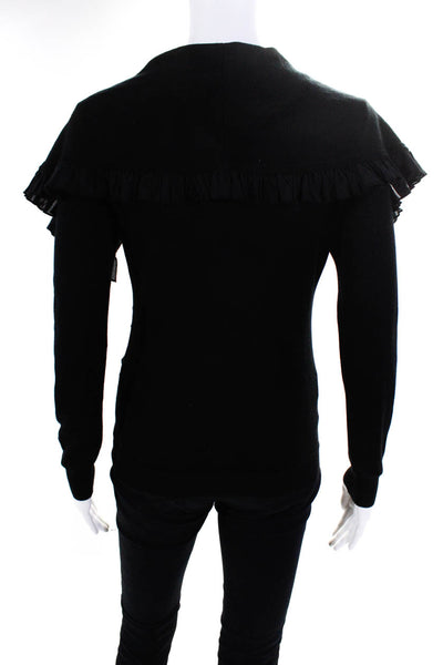 Magaschoni Womens Cotton Ruffled Collar Button Up Sweater Top Black Size S