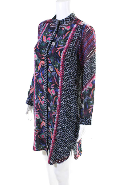 Saloni Womens Crew Neck Abstract Floral Silk Button Down Midi Dress Multi Size 0