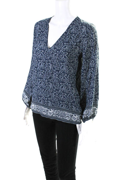 Vanessa Bruno Womens V Neck Long Sleeve Abstract Blouse Top Blue Size 34
