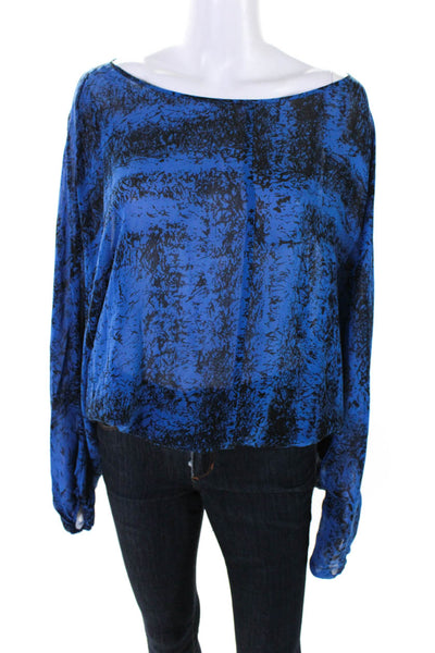 Rachel Zoe Womens Long Sleeve Scoop Neck Abstract Shirt Blue Black Silk Size 4