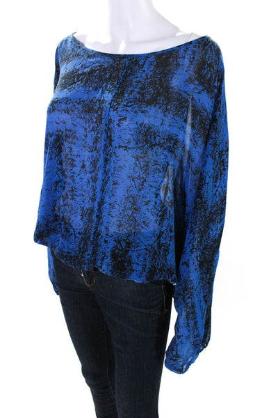 Rachel Zoe Womens Long Sleeve Scoop Neck Abstract Shirt Blue Black Silk Size 4