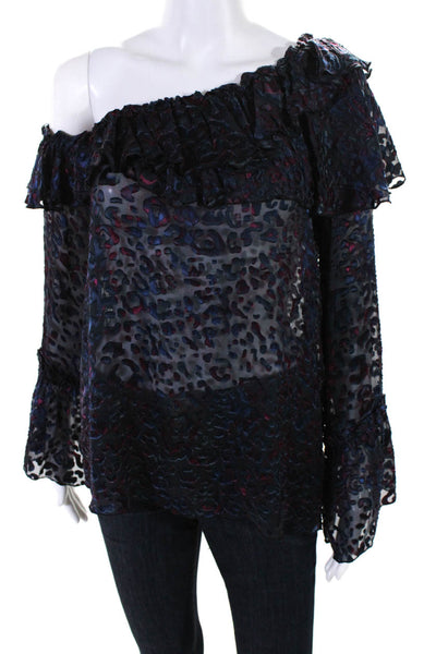 Designer Womens Leopard Printed Ruffled Off Shoulder Top Blue Red Size Small