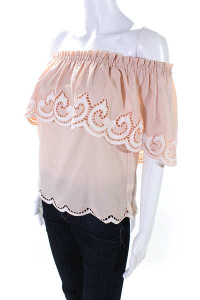 Ramy Brook Womens Off Shoulder Embroidered Caged Trim Shirt Beige Size Small