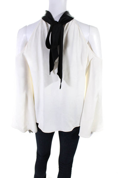 Ramy Brook Womens High Neck Tie Back Cold Shoulder Silk Shirt White Size Small