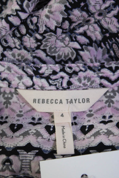 Rebecca Taylor Womens Mandala Long Sleeve Tie Neck Top Blouse Pink Black Size 4
