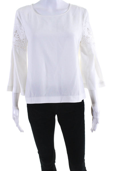 Ramy Brook Womens Bell Sleeve Lace Crepe Crew Neck Top Blouse White Size Small