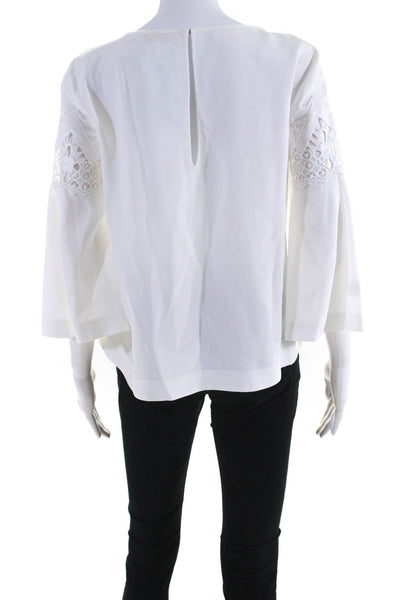 Ramy Brook Womens Bell Sleeve Lace Crepe Crew Neck Top Blouse White Size Small