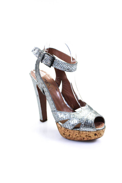 Alaia Womens Platform Ankle Strap Snakeskin Sandals Silver Tone Size 36.5