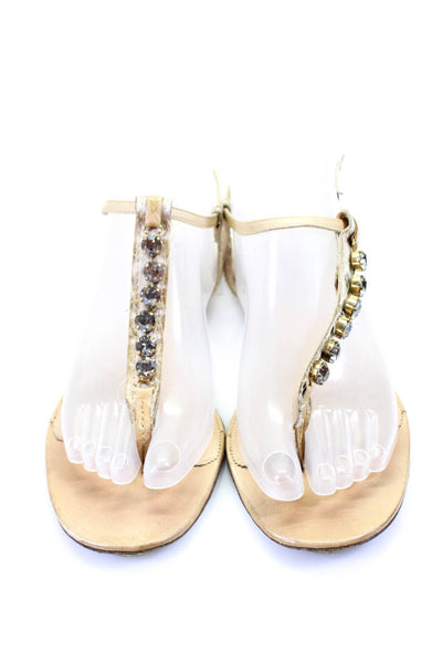 Pedro Garcia Women's Flat Embellished T-Strap Sandals Beige Size 37