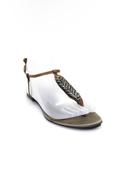 Pedro Garcia Women's Studded T-Strap Flat Sandals Gray Size 37