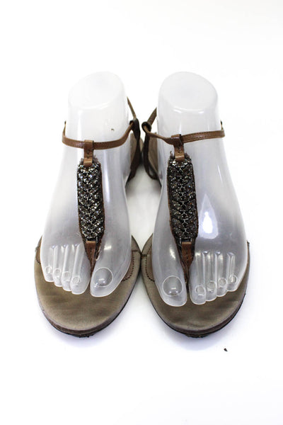 Pedro Garcia Women's Studded T-Strap Flat Sandals Gray Size 37