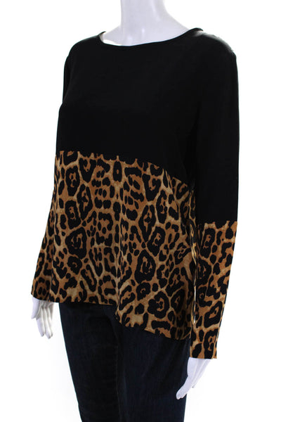 Intermix Womens Long Sleeve Scoop Neck Silk Leopard Shirt Black Brown Petite