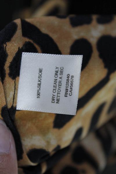 Intermix Womens Long Sleeve Scoop Neck Silk Leopard Shirt Black Brown Petite