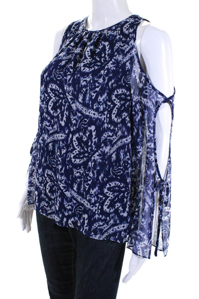 Ramy Brook Womens Abstract Cold Shoulder Silk Shirt Navy Blue Gray Size XS