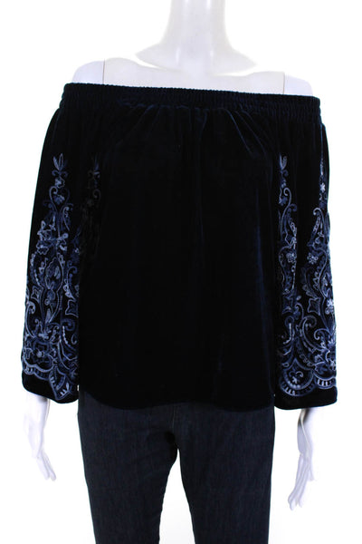 Misa Womens Embroidered 3/4 Sleeve Velvet Off Shoulder Top Midnight Blue Medium